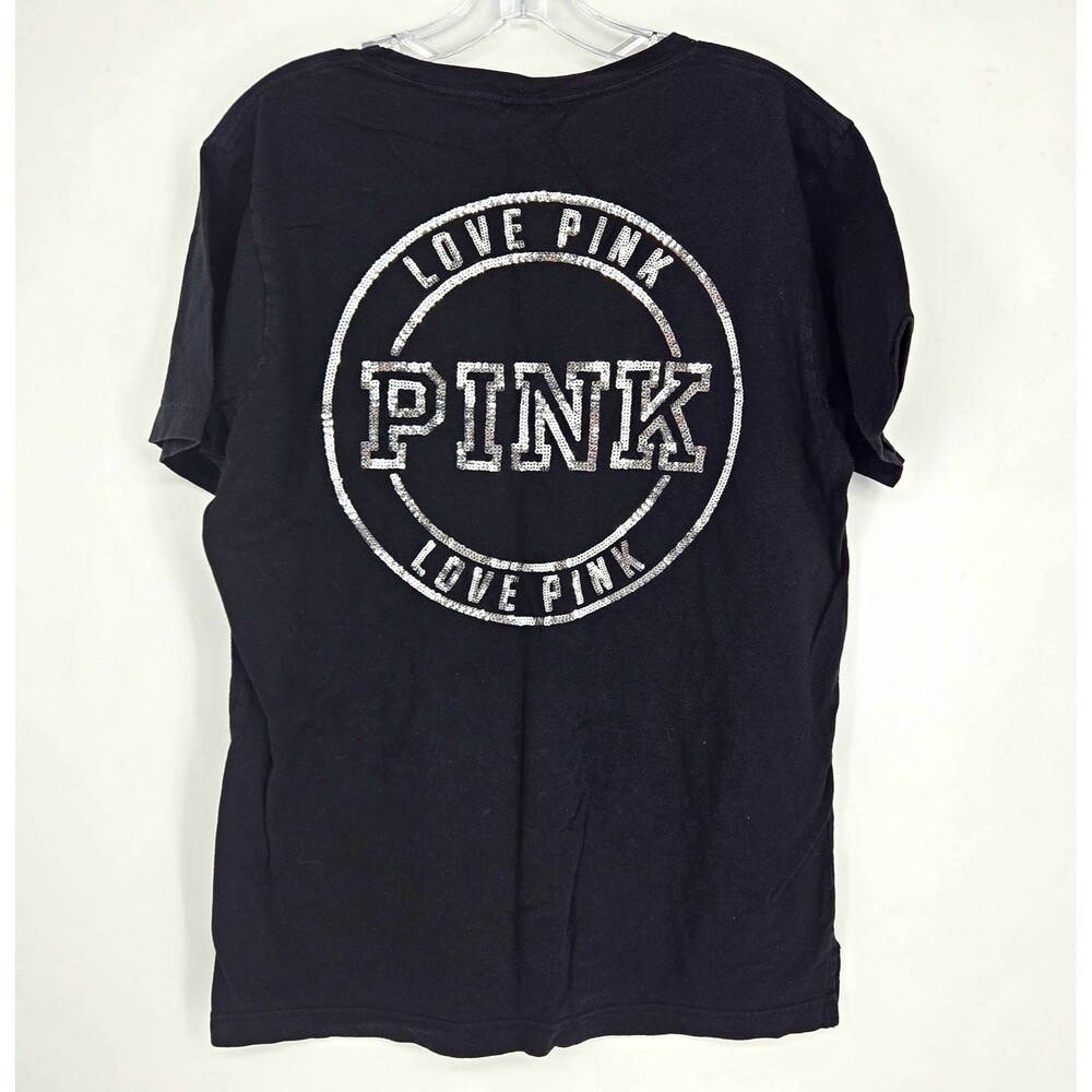 Victorias Secret PINK Black Bling Sequin Campus Tee Short Sleeve Crewneck Medium